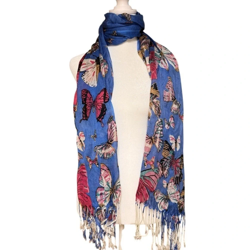 Blue Butterfly Print Scarf Fringe Lightweight Wrap Boho Vibes